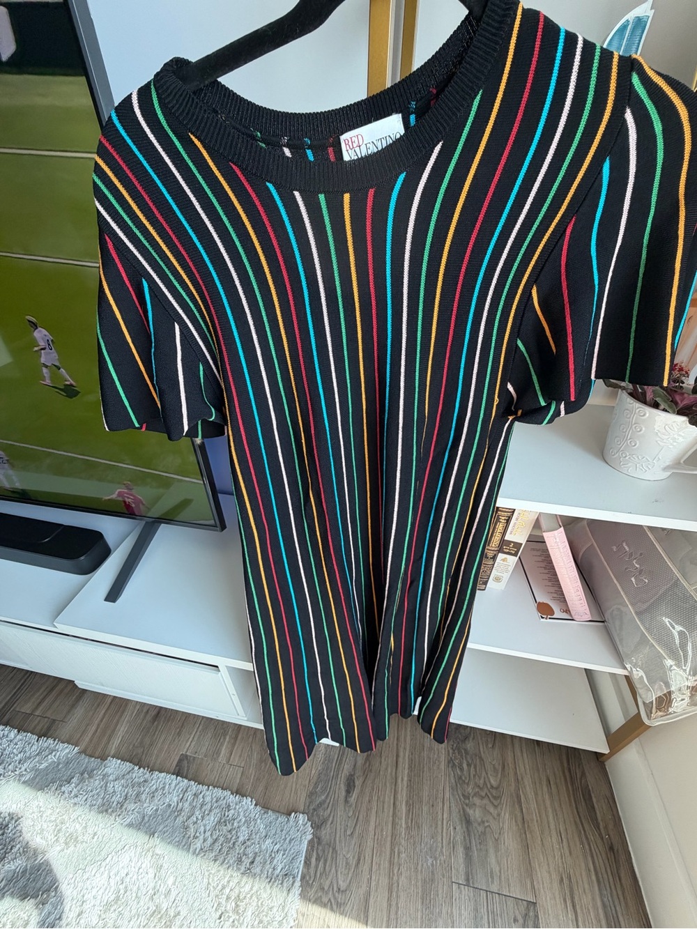 RED Valentino Black Knit Dress with Rainbow Vertical Stripes